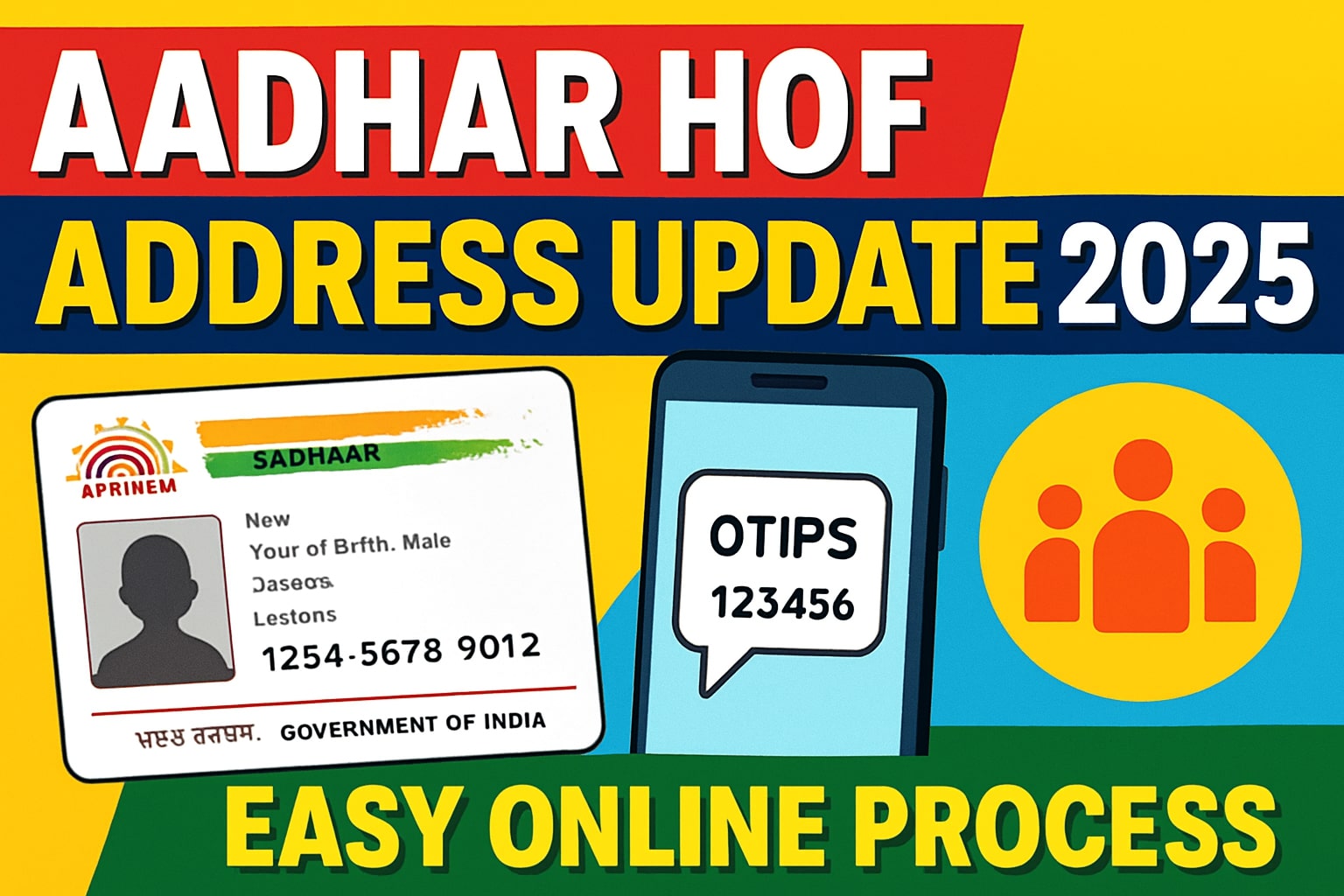 YouTube thumbnail showing Aadhar HOF Address Update Online 2025 process with Aadhaar card, mobile OTP, and relationship proof icons on a digital background.