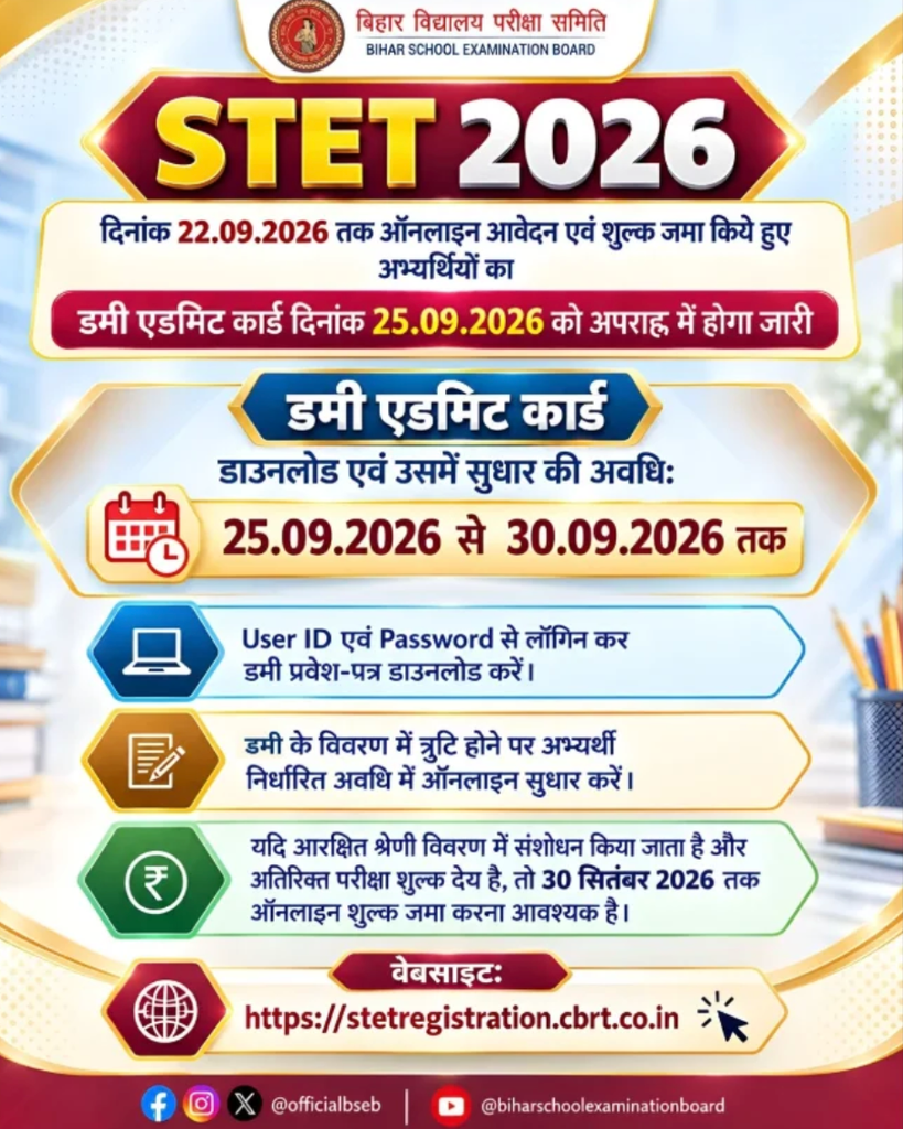 Bihar STET Dummy Admit Card 2026 Notification